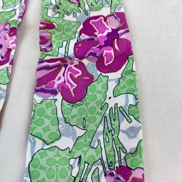 Coach Signature Skinny Scarf Purse Piny Tail Tie Purple Pink Green Floral - Picture 5 of 8